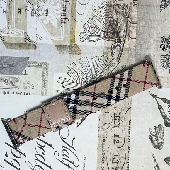 Plaid Checker Apple Watch Band, Leather Band Strap Beige 38/40/41/42/44/45 mm SE - Picture 7 of 9